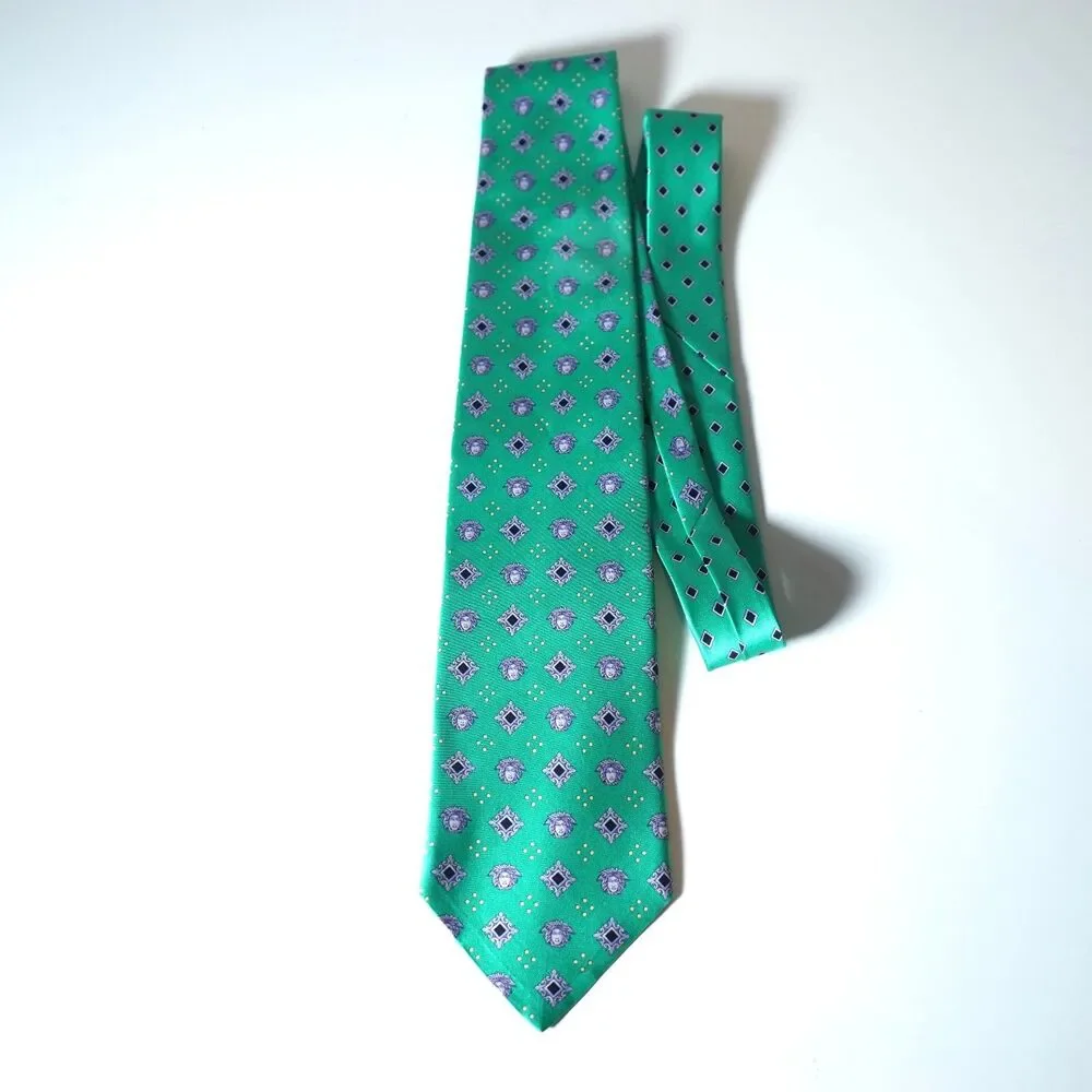 Gianni Versace Vintage Neck Tie Green Aqua Medallion Logo Pattern